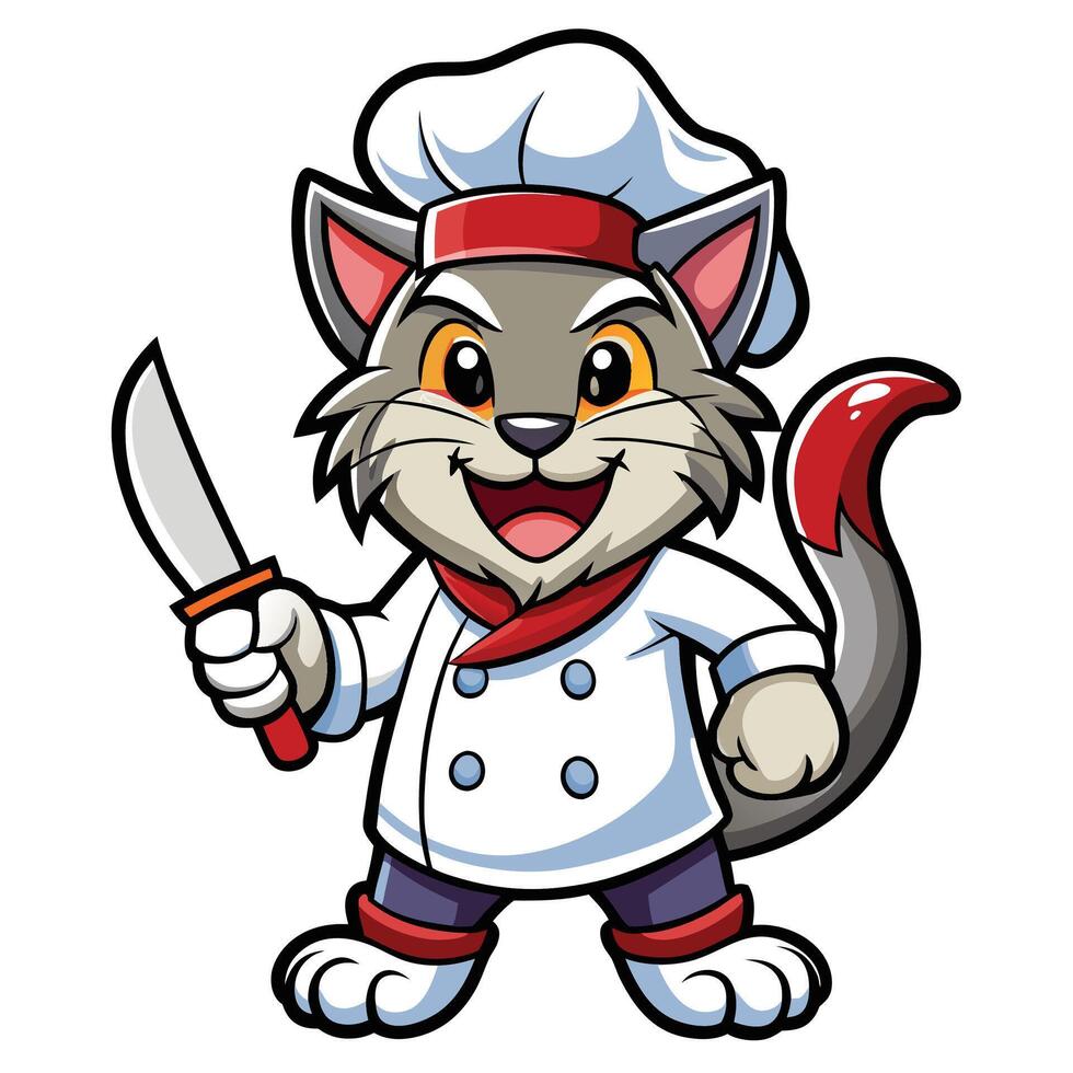 cat chef holding a knife white background vector