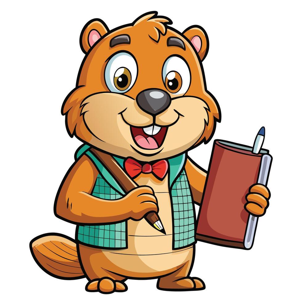 Cute cartoon beaver holding a book and pen vector