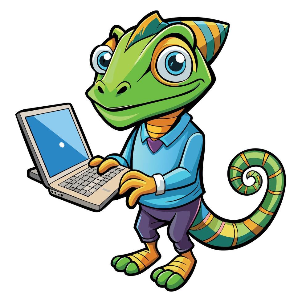 Cute Chameleon Working on Laptop vector
