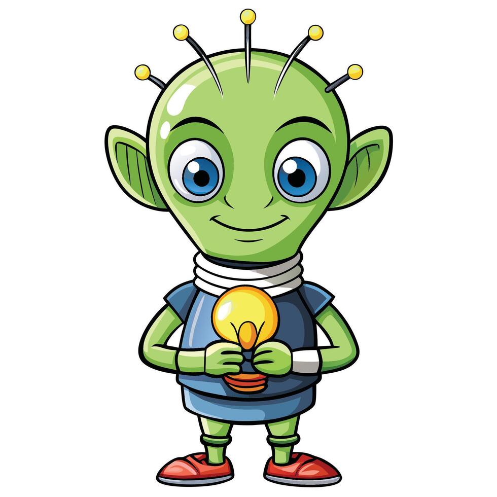 Cute green alien holding a lightbulb vector