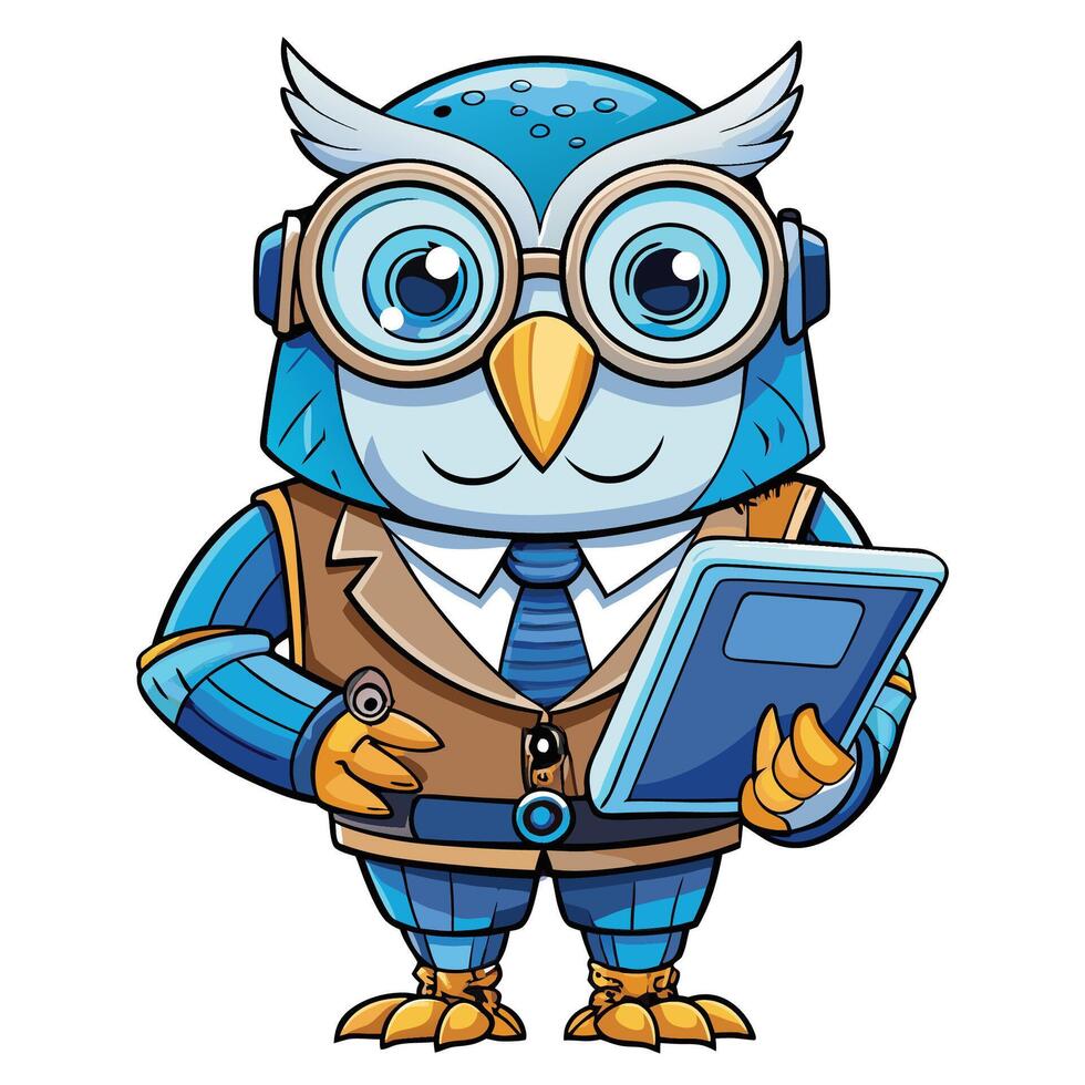 Cute owl character in steampunk style holding a book vector
