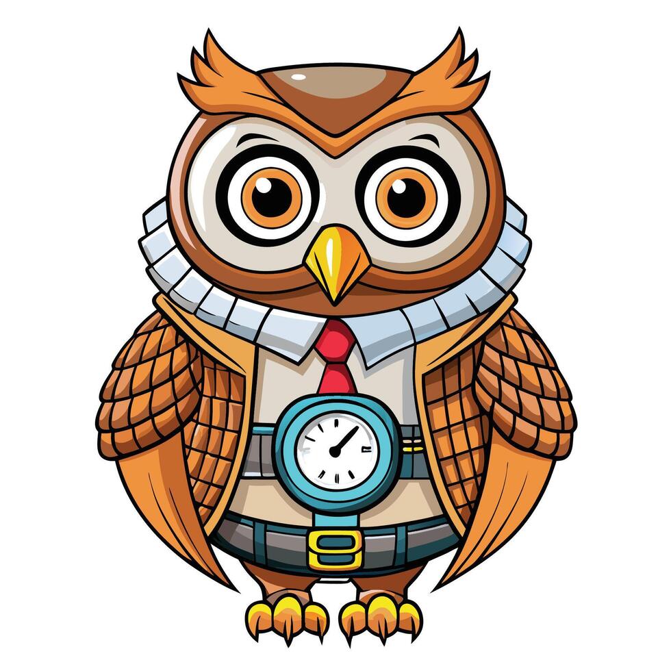 Cute owl dressed in a suit with a clock vector