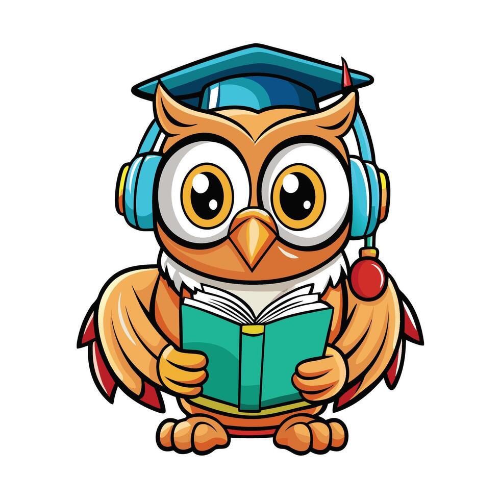Cute owl with headphones and graduation cap reading a book vector