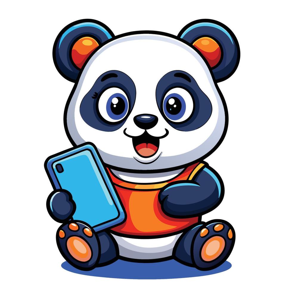 a cartoon panda bear holding a cell phone vector
