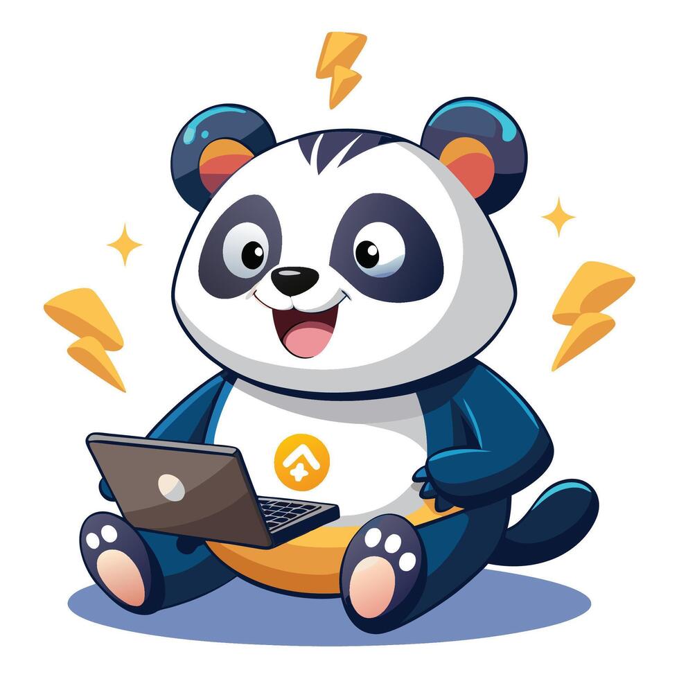a cartoon panda bear sitting on a laptop vector