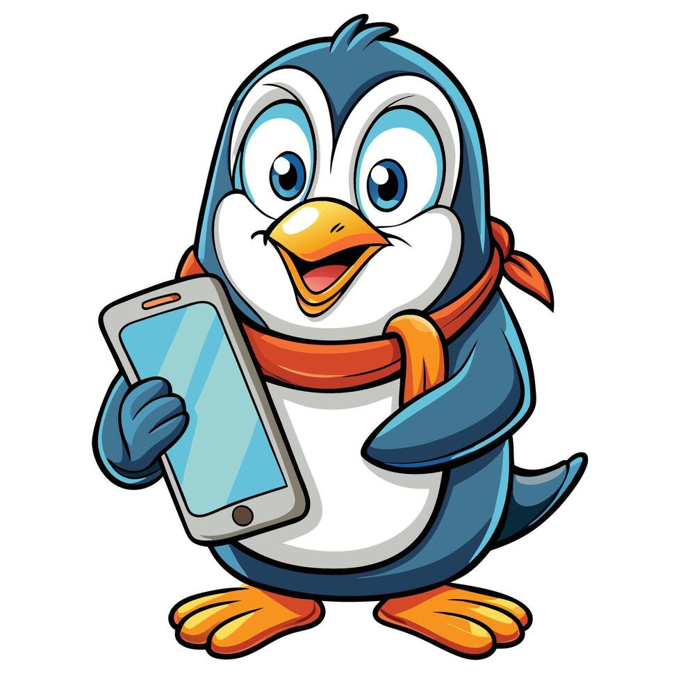 penguin holding a smart phone illustration vector