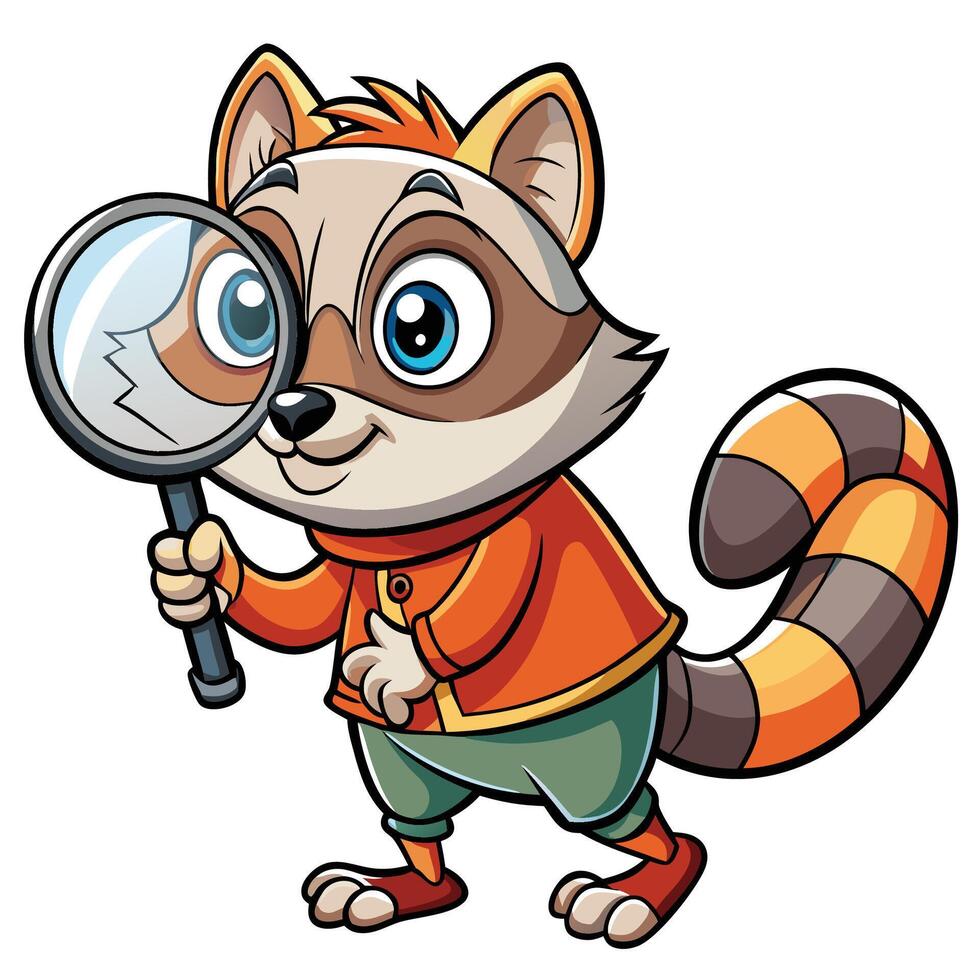 Cute raccoon character with magnifying glass vector