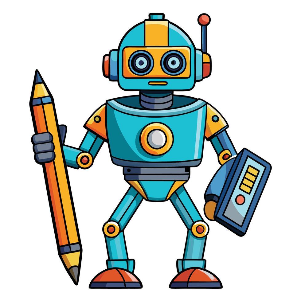 cartoon robot holding pencil and pencil white background vector