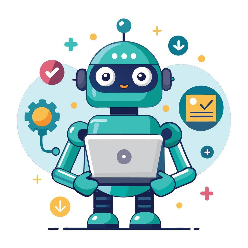 a robot holding a laptop and surrounded by icons vector