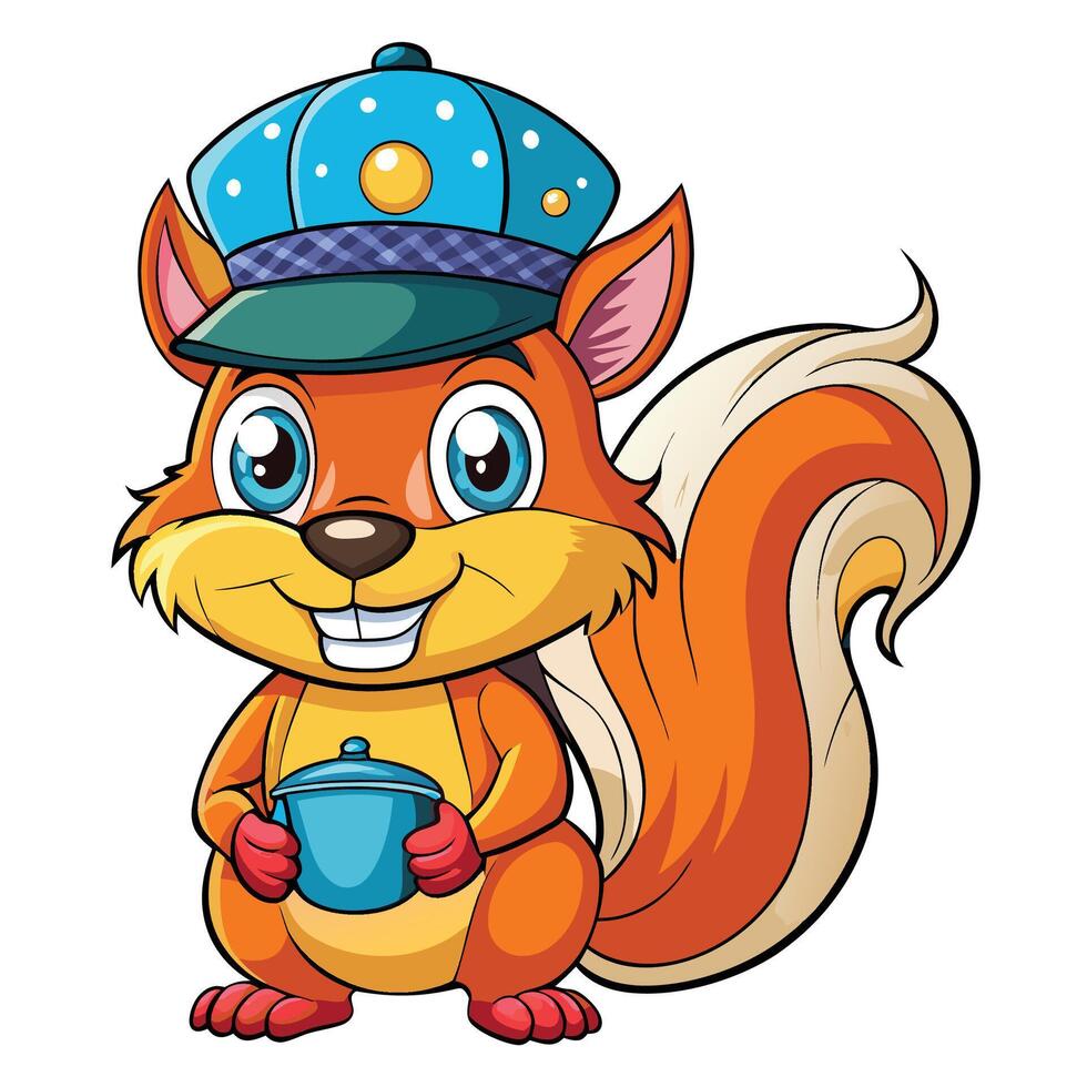 Cute squirrel wearing a cap and holding a pot vector