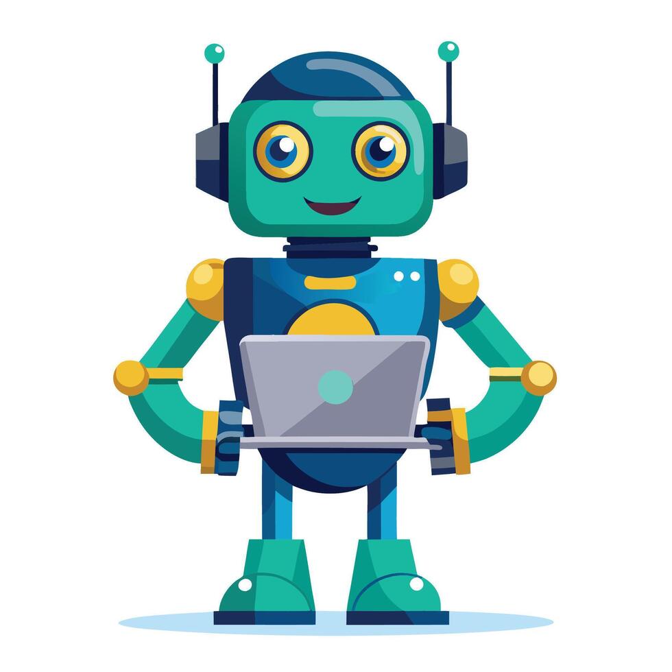 Cute teal robot with laptop vector