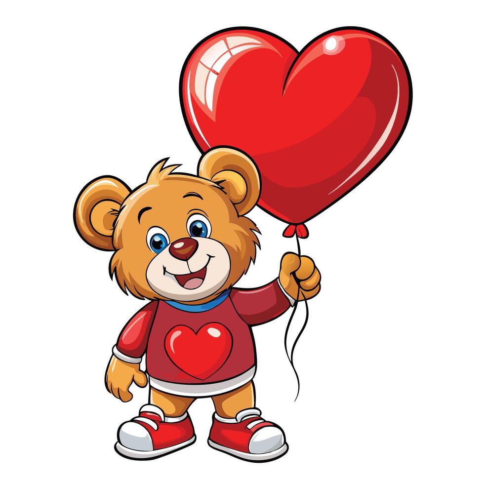 Cute teddy bear holding a big red heart balloon vector