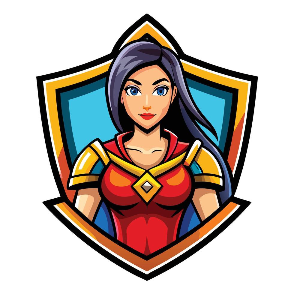 Female warrior character, shield emblem vector