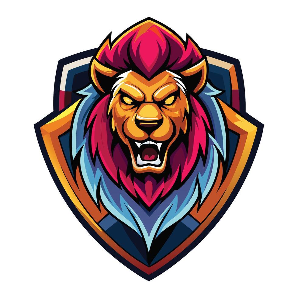 Fierce lion emblem with vibrant colors and shield-like design vector