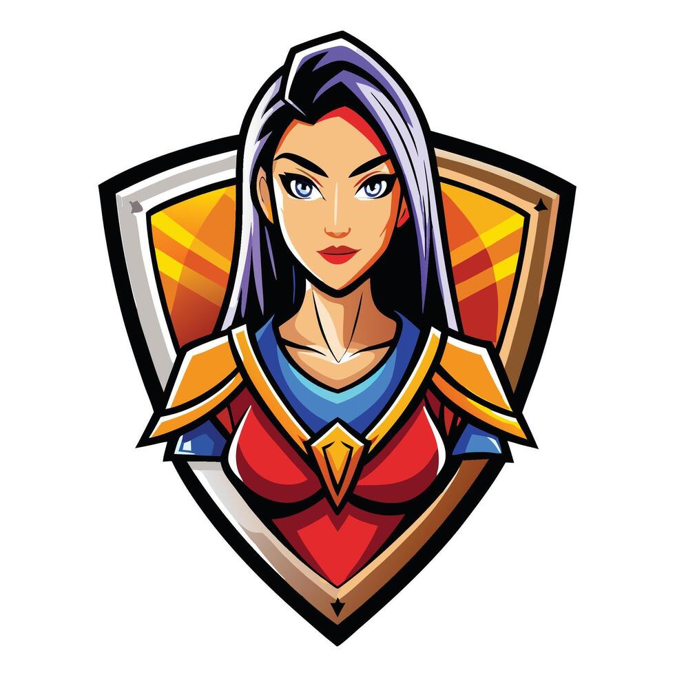 Female warrior character design, anime style, shield emblem vector