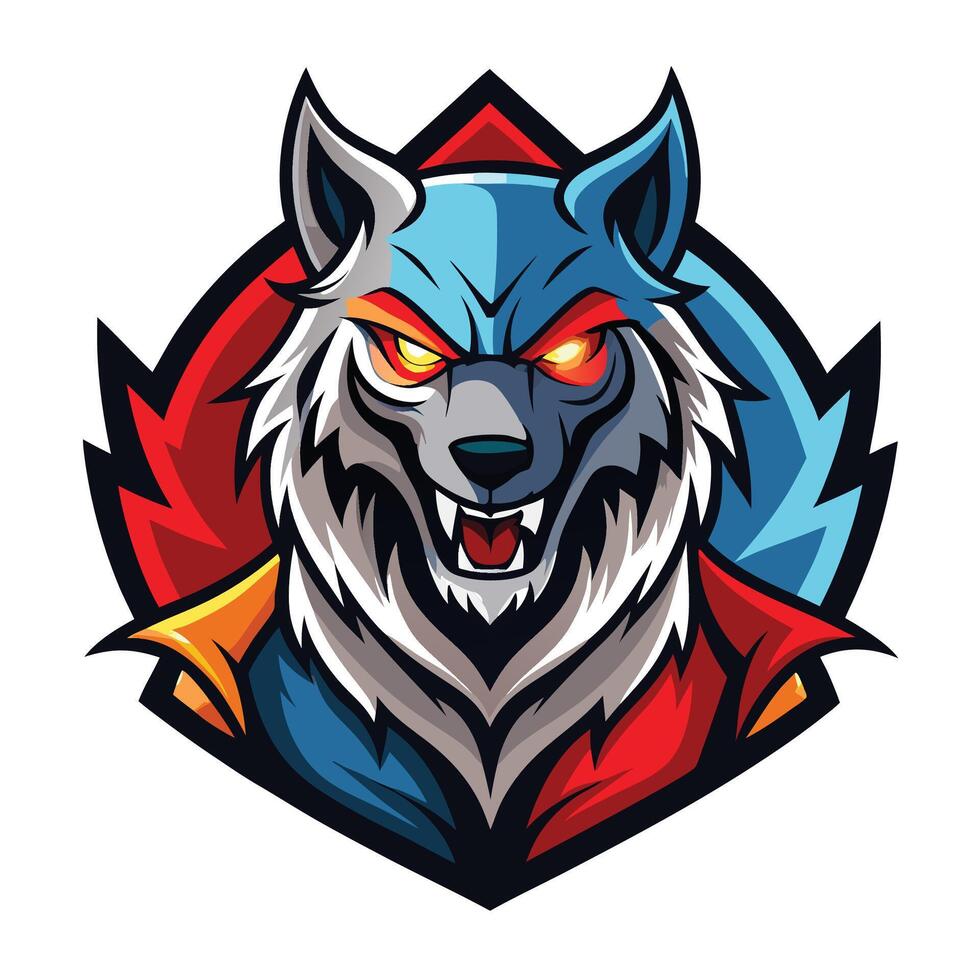 the wolf mascot head with red eyes and a red white background vector