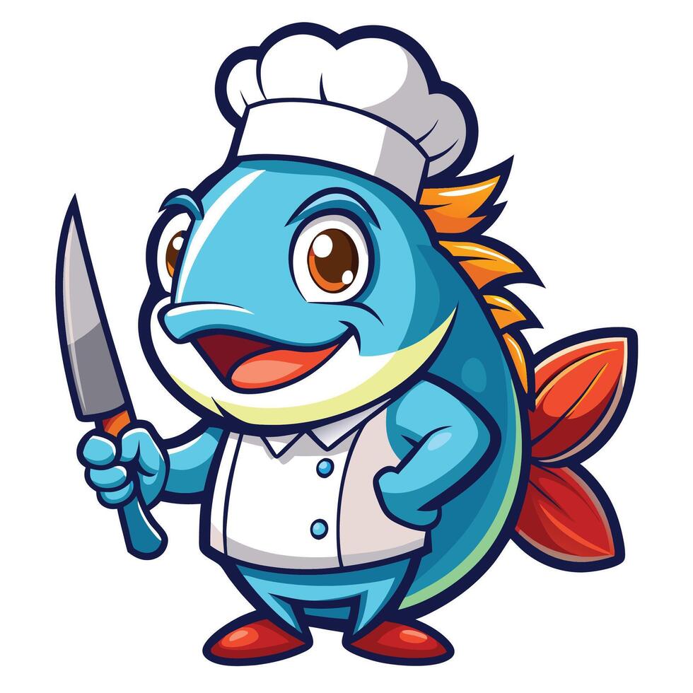 a cartoon fish chef holding a knife vector