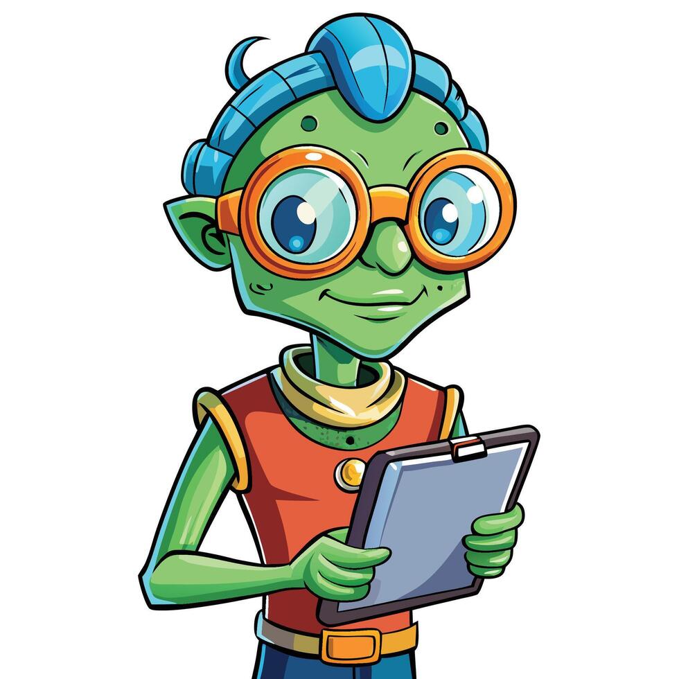 Friendly alien holding a tablet vector