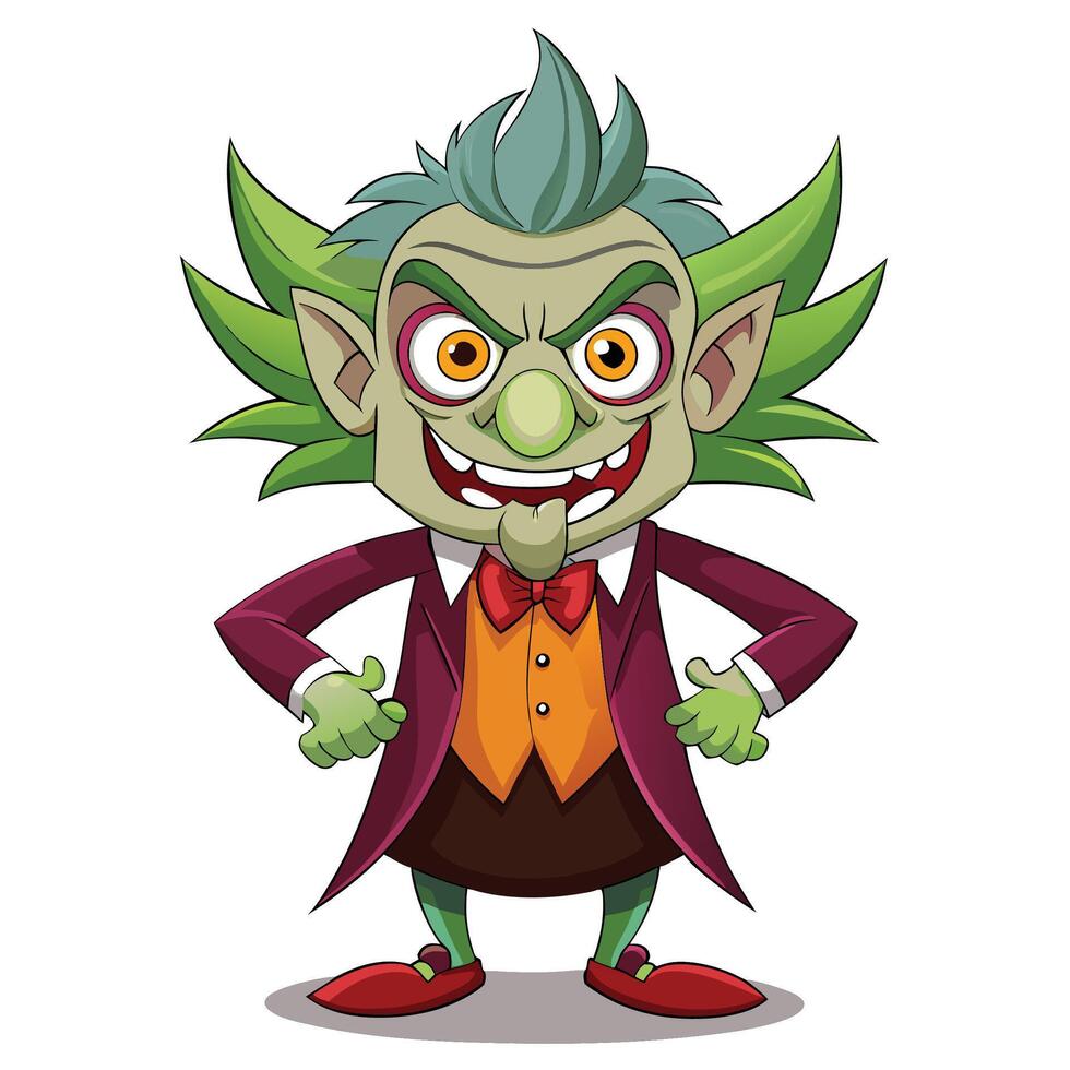 Grinning, green, and mischievous cartoon creature in a suit vector