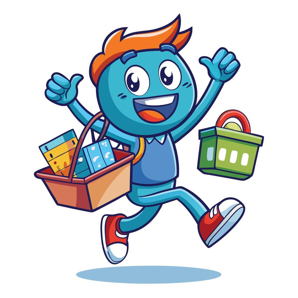 Happy cartoon character carrying shopping basket and grocery items vector