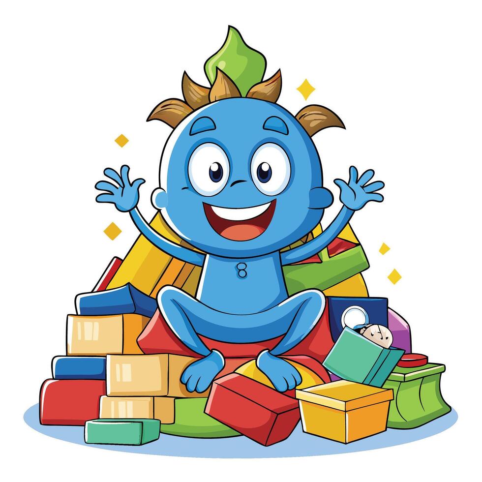 Happy cartoon character sits amidst a pile of colorful boxes vector