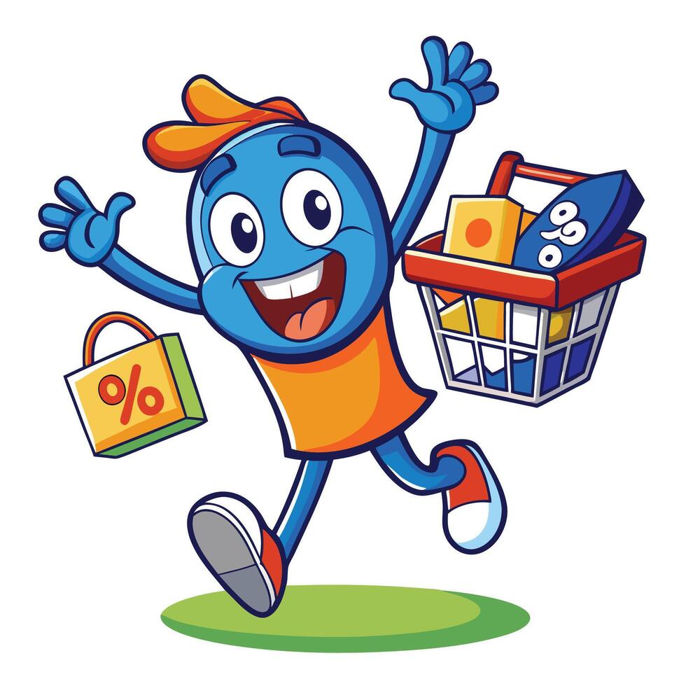 Happy cartoon character running with shopping cart and discount sign vector
