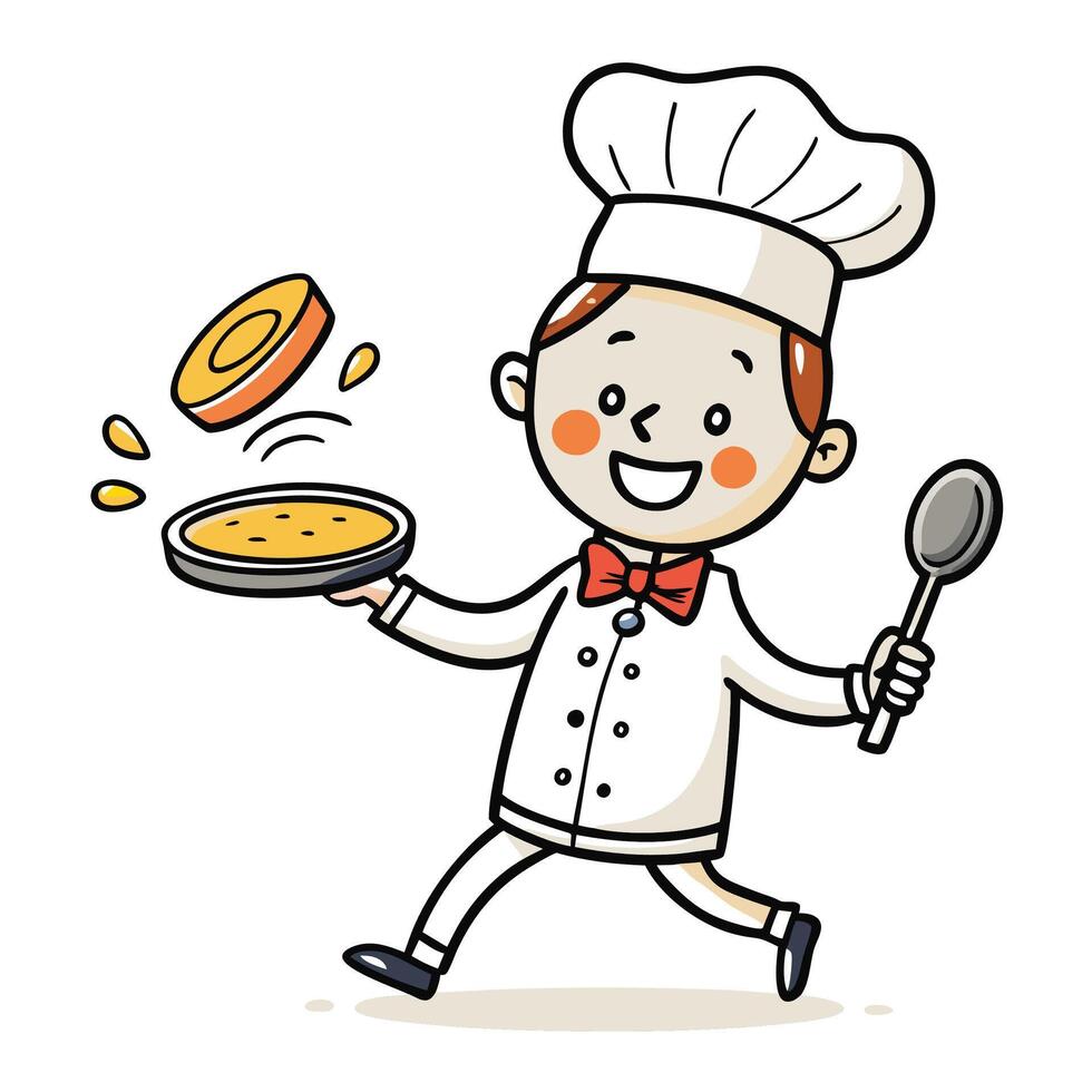 Happy chef tossing food onto a pan vector