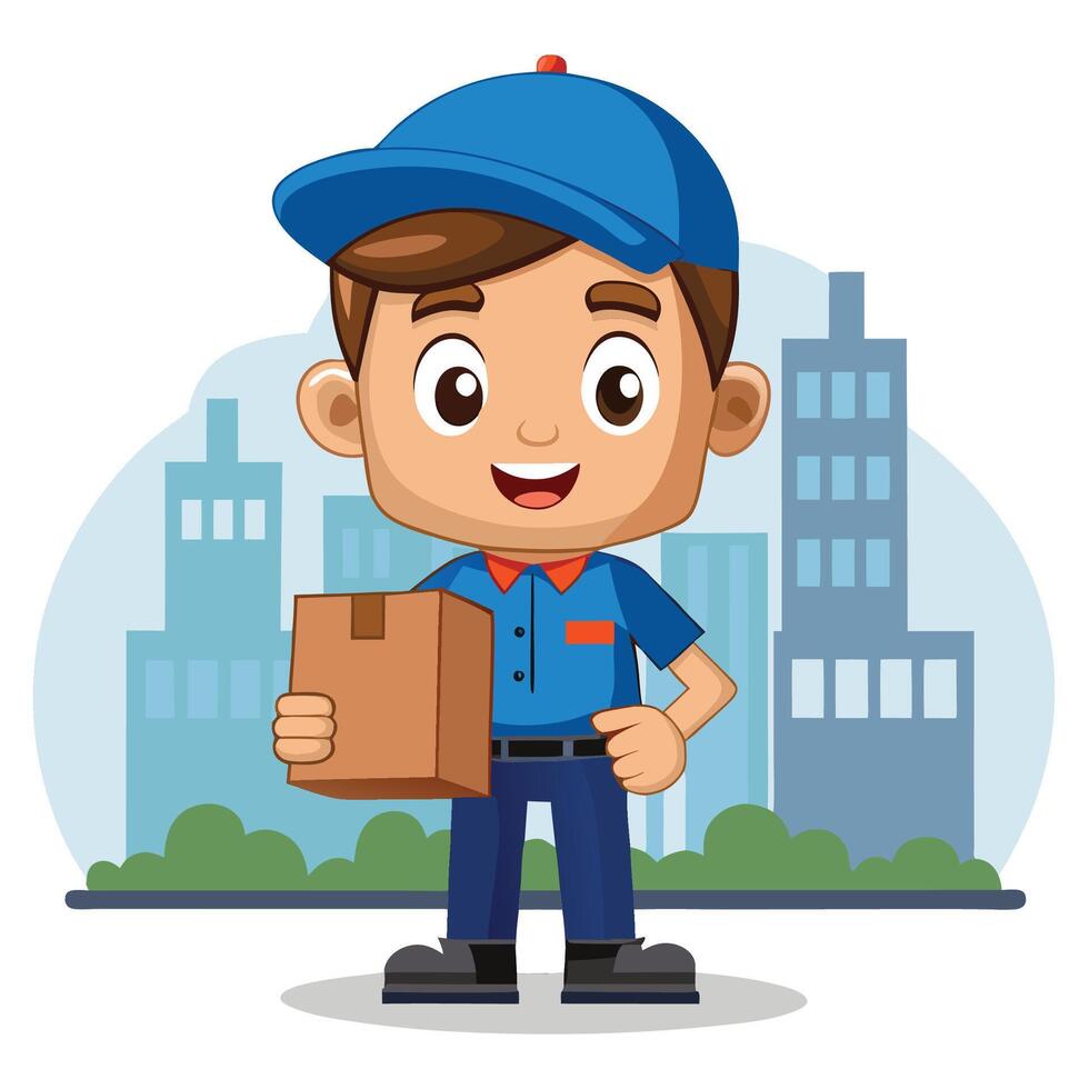 Happy delivery boy with package in city vector