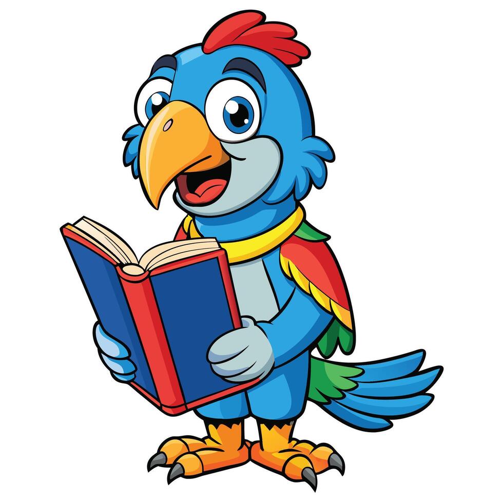 Happy parrot character reading a book vector