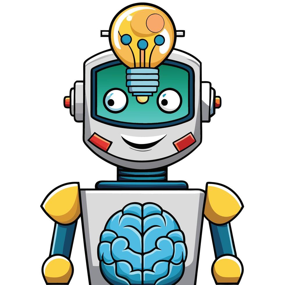 Intelligent Robot with Lightbulb and Brain vector