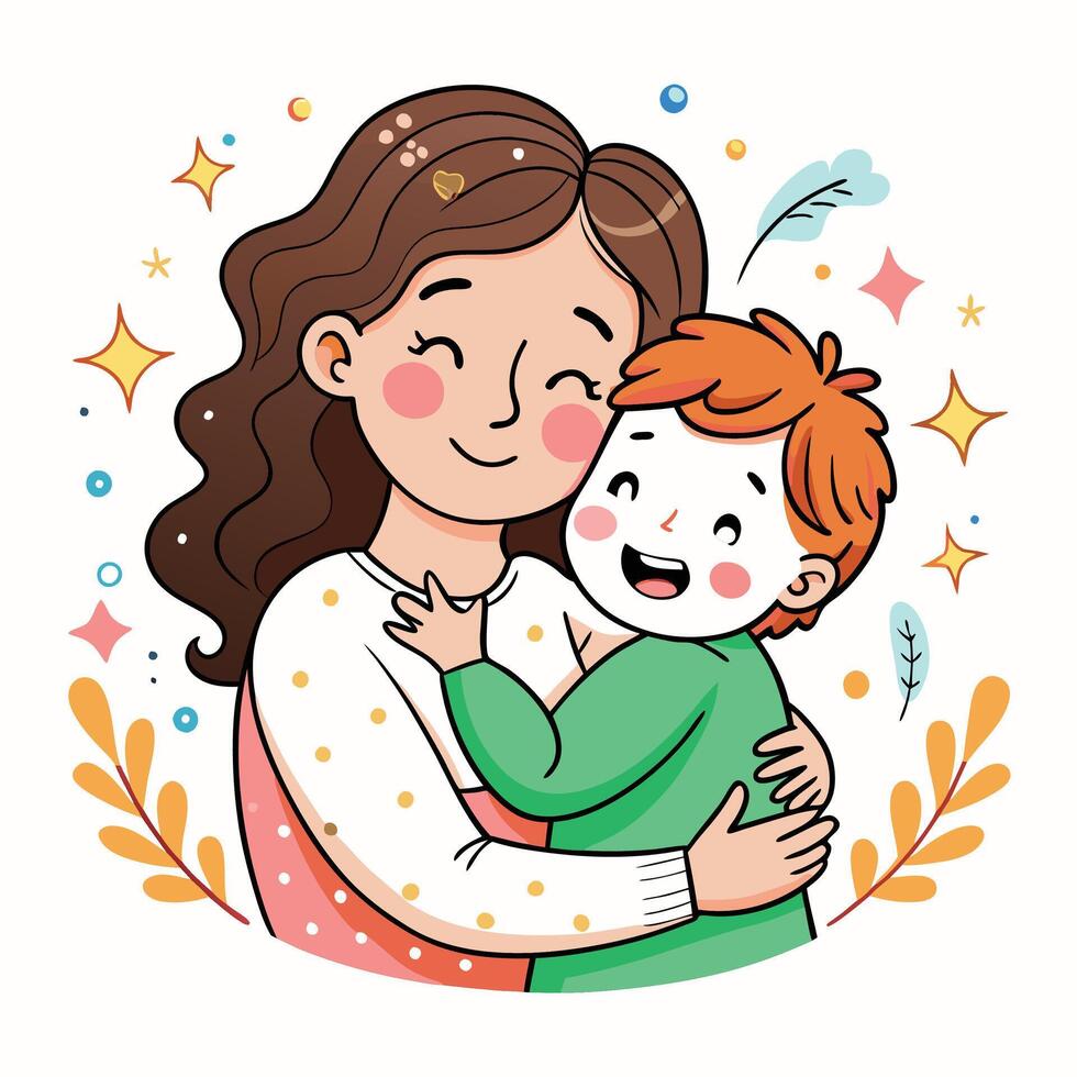 mother and son hugging, cartoon illustration vector