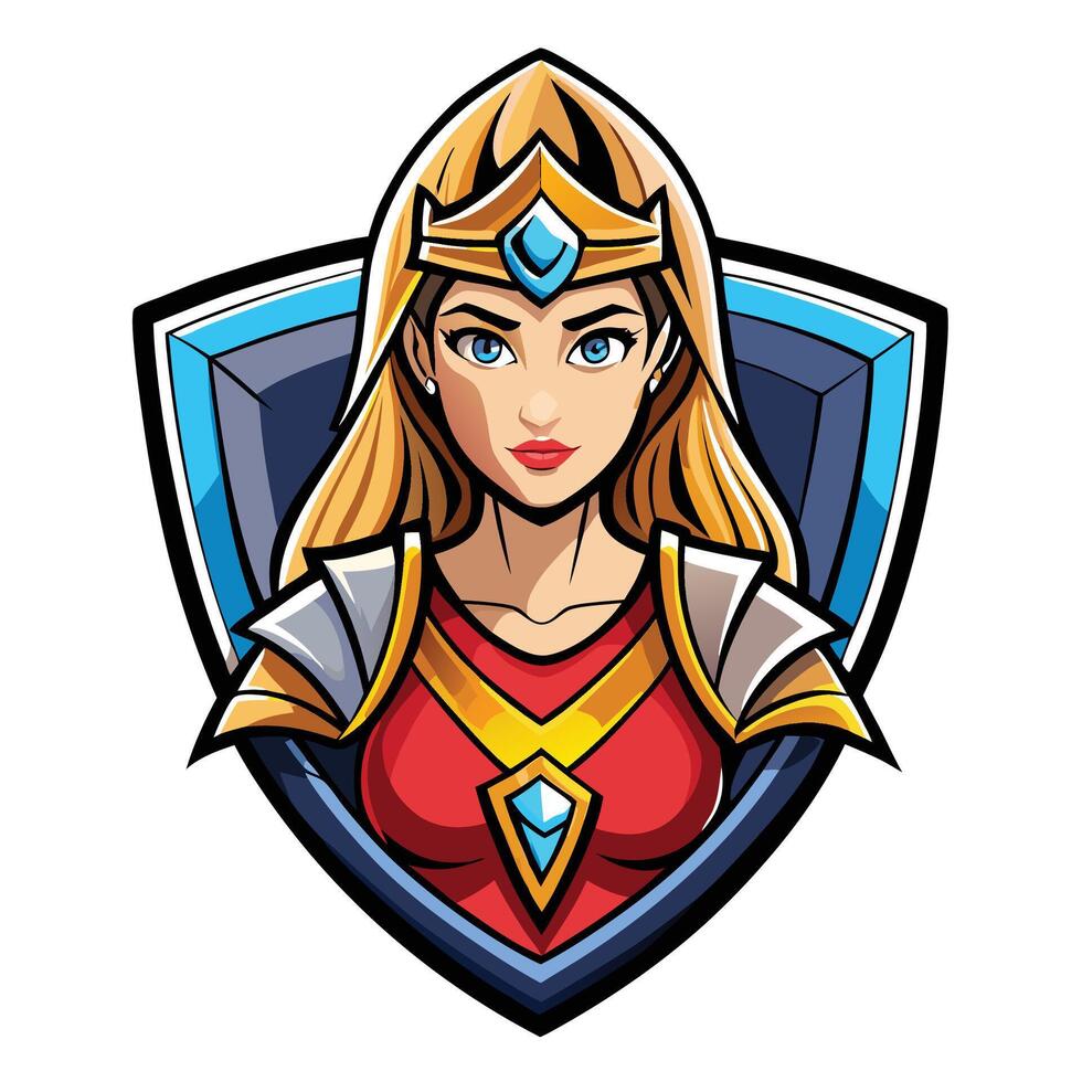 Powerful female warrior character, wearing a crown and armor, in a shield design vector