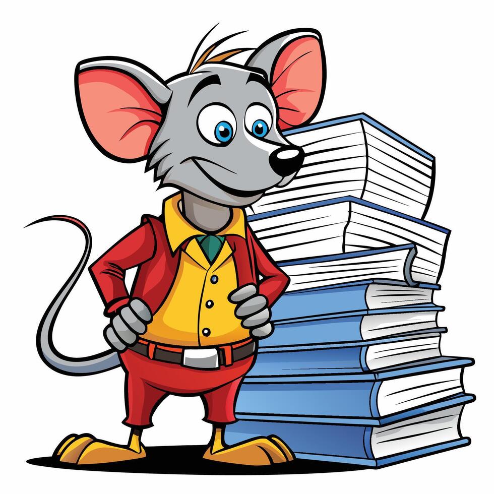 Studious Mouse Character with Stack of Books vector