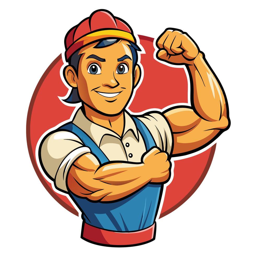 Strong worker flexing muscles vector
