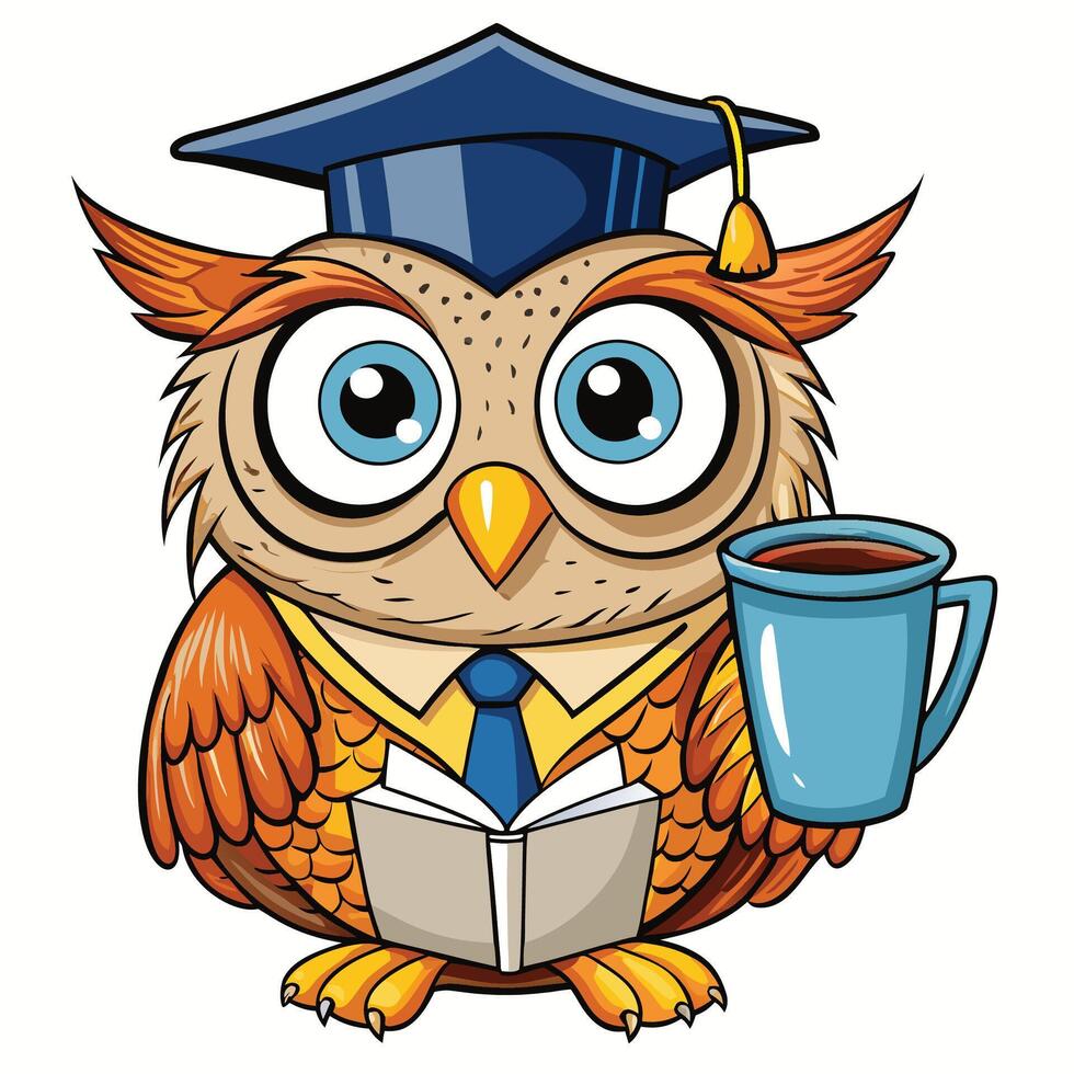Studious owl with coffee and book vector