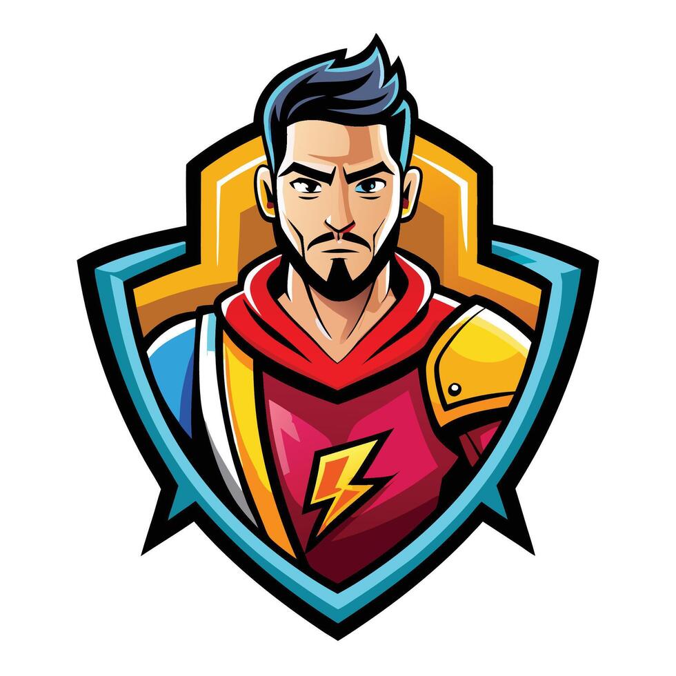 Stylish male character emblem, vibrant colors, shield design vector