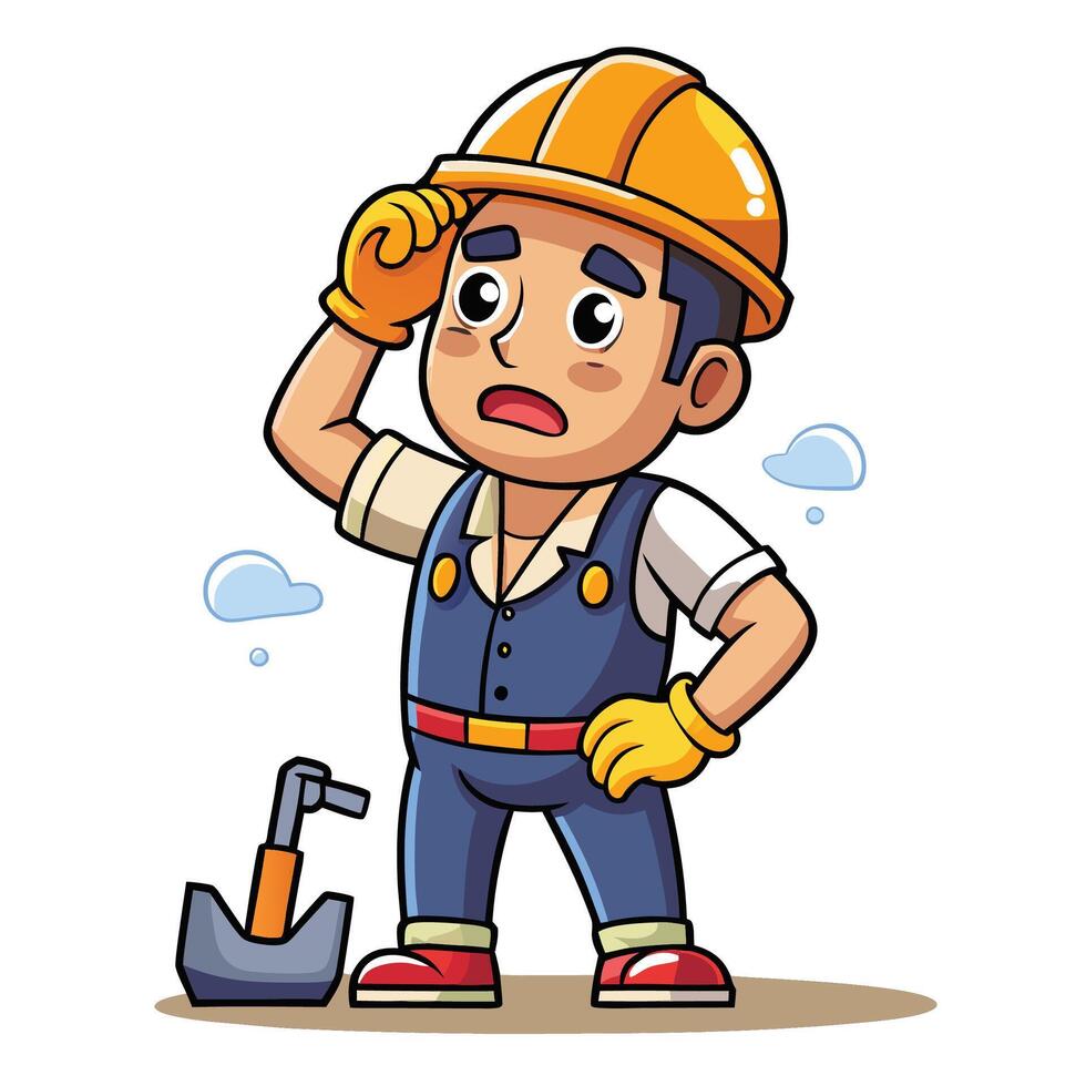 Thoughtful worker in safety gear, holding head in contemplation, with tools vector