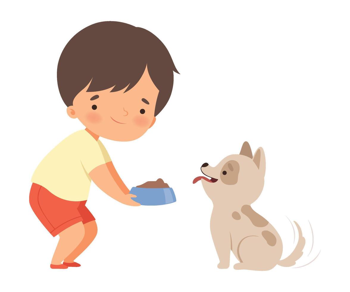 Little Boy Carrying Bowl to Feed His Puppy Illustration vector