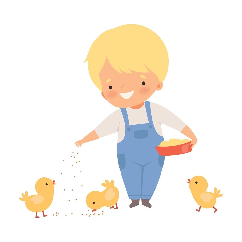 Little Boy Feeding Chickens on the Farm Illustration vector