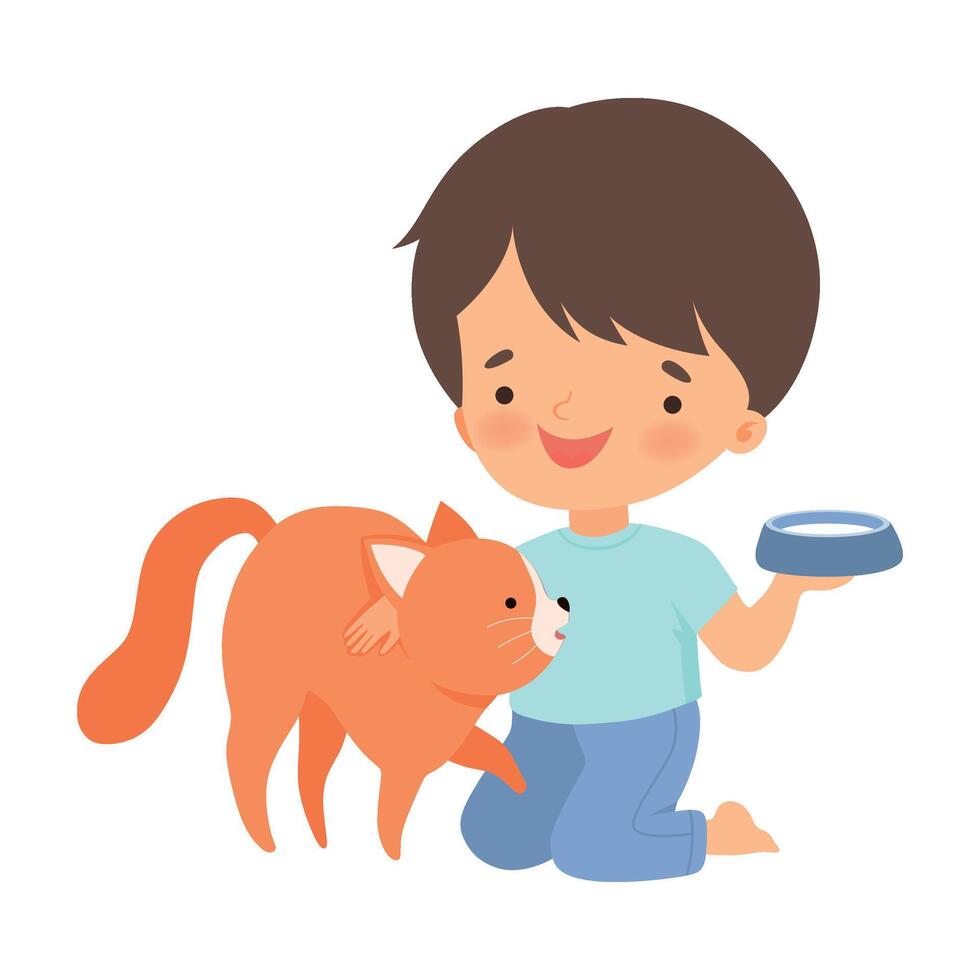 Little Boy Stroking Cat and Putting Down the Bowl of Milk Illustration vector