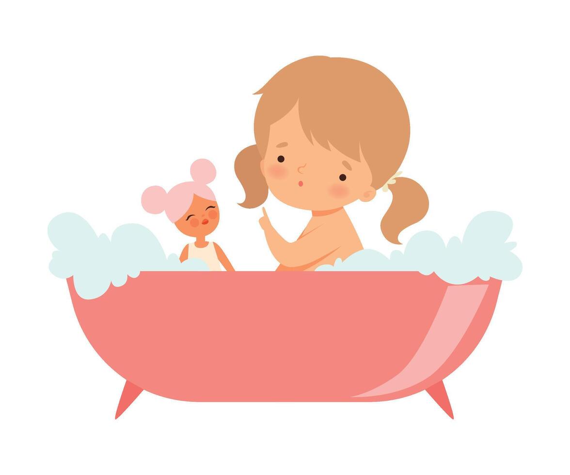 Little Girl Sitting in Bathtub and Playing with Her Doll Illustration vector