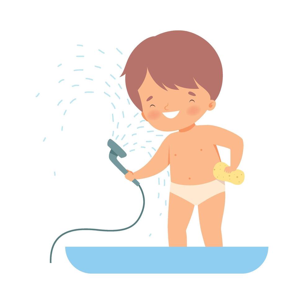 Little Boy Having Shower in Bathroom on His Own Illustration vector