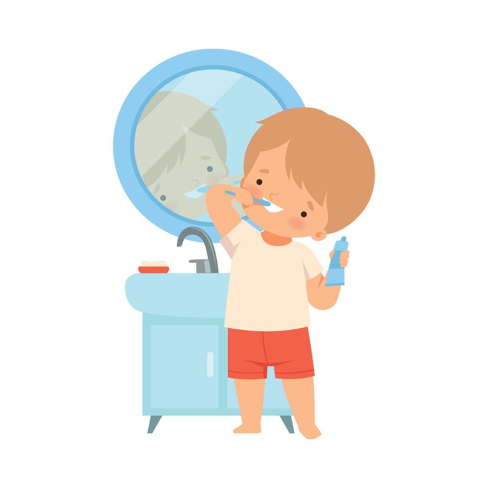 Little Boy Standing in Front of the Mirror Brushing His Teeth Illustration vector
