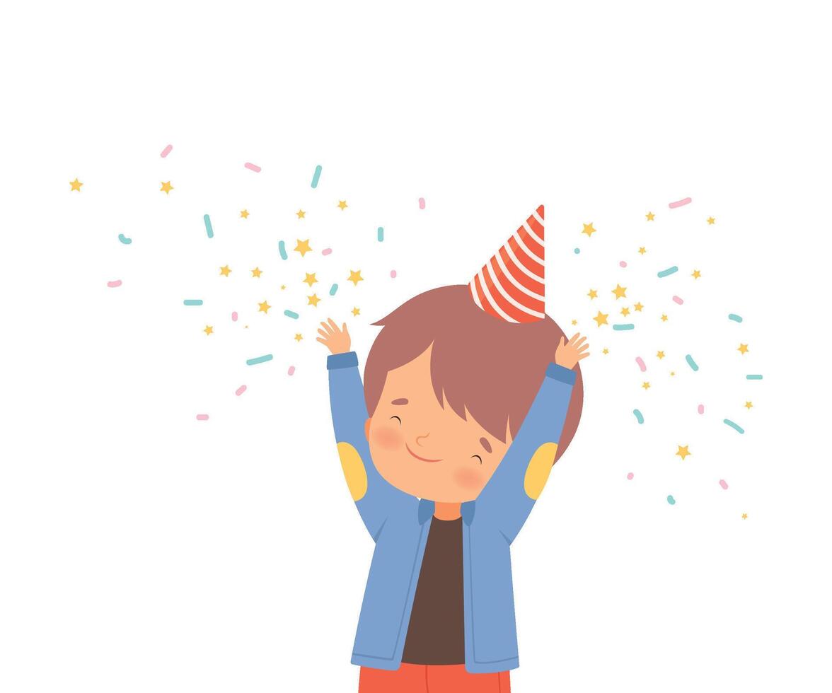 Cheerful Little Boy Wearing Birthday Hat Celebrating Party with Confetti Illustration vector