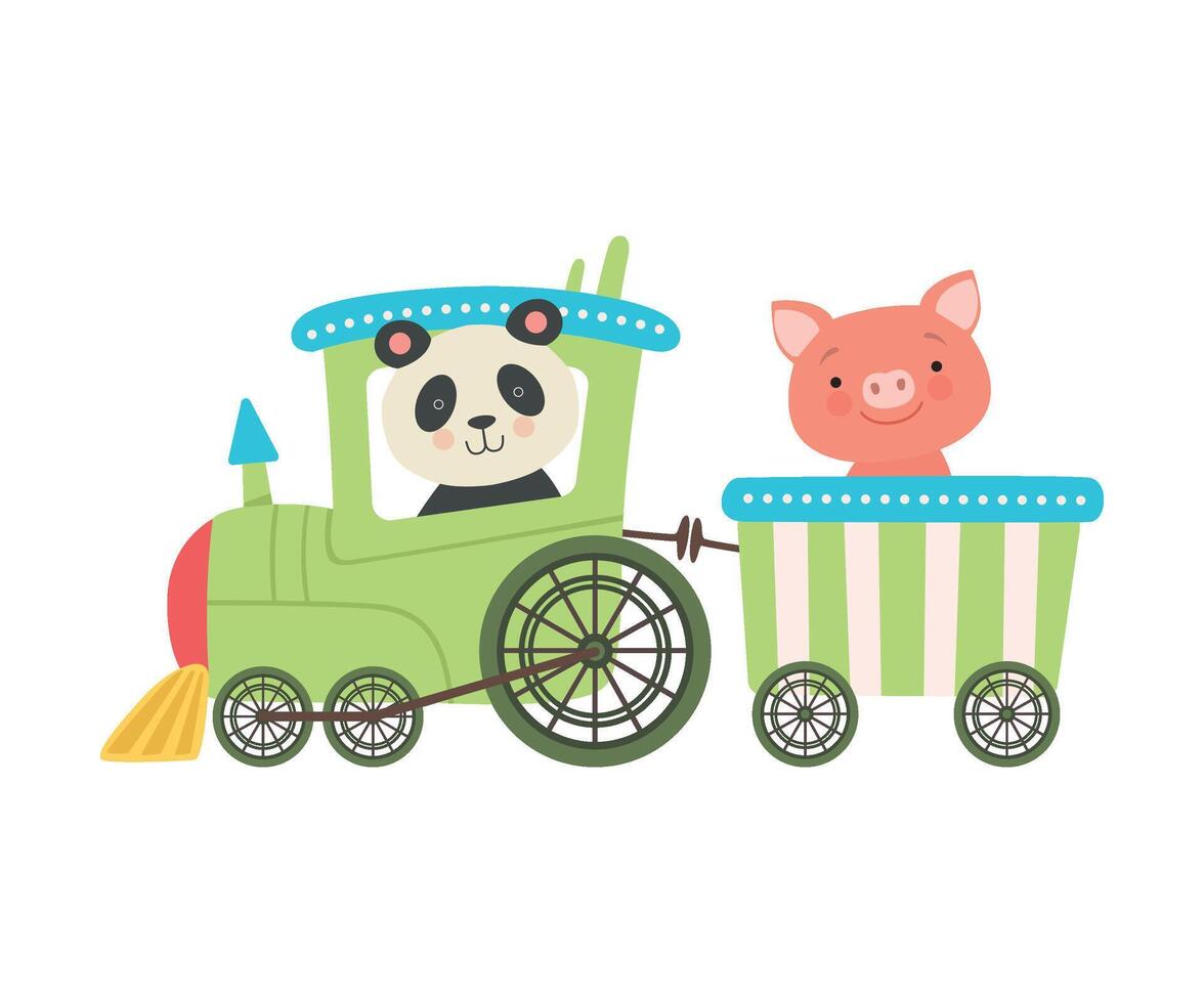 Cheerful Red Cheeked Panda and Pig Driving Toy Train Illustration vector