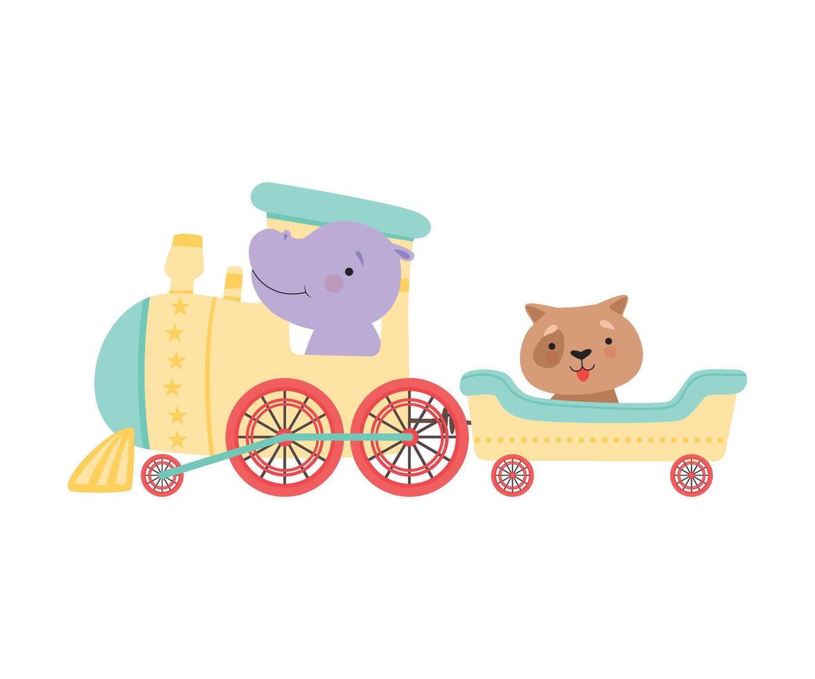 Cheerful Red Cheeked Hippo and Dog Driving Toy Train Illustration vector