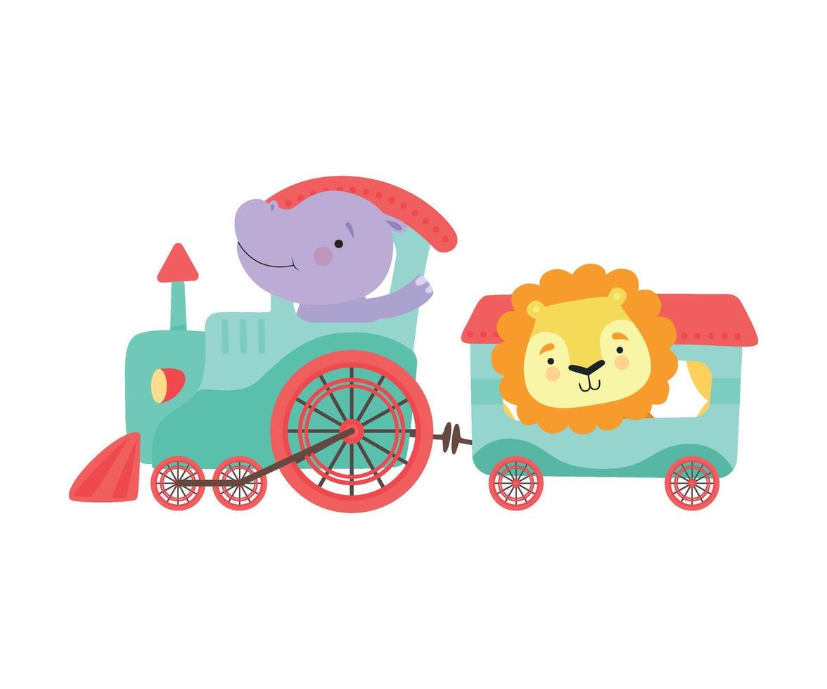 Cheerful Red Cheeked Hippo and Lion Driving Toy Wheeled Train Illustration vector