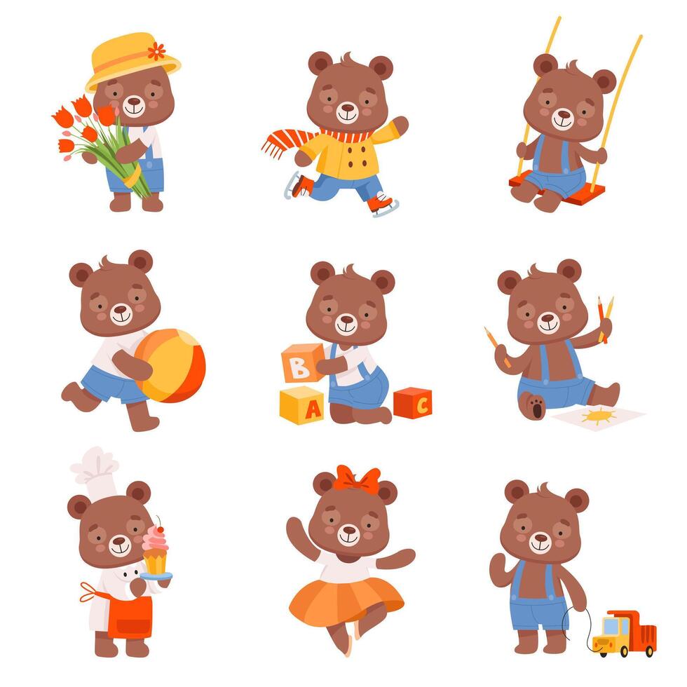 Cute Cartoon Bears Set. Bear Animal Ice Skating and Drawing vector