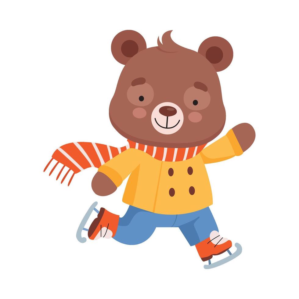 Cheerful Bear Character Wearing Warm Clothes and Scarf Ice Skating Illustration vector