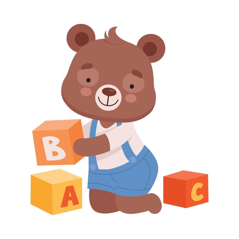 Cheerful Bear Character Wearing Playsuit Sitting on the Floor and Playing Alphabet Cubes Illustration vector